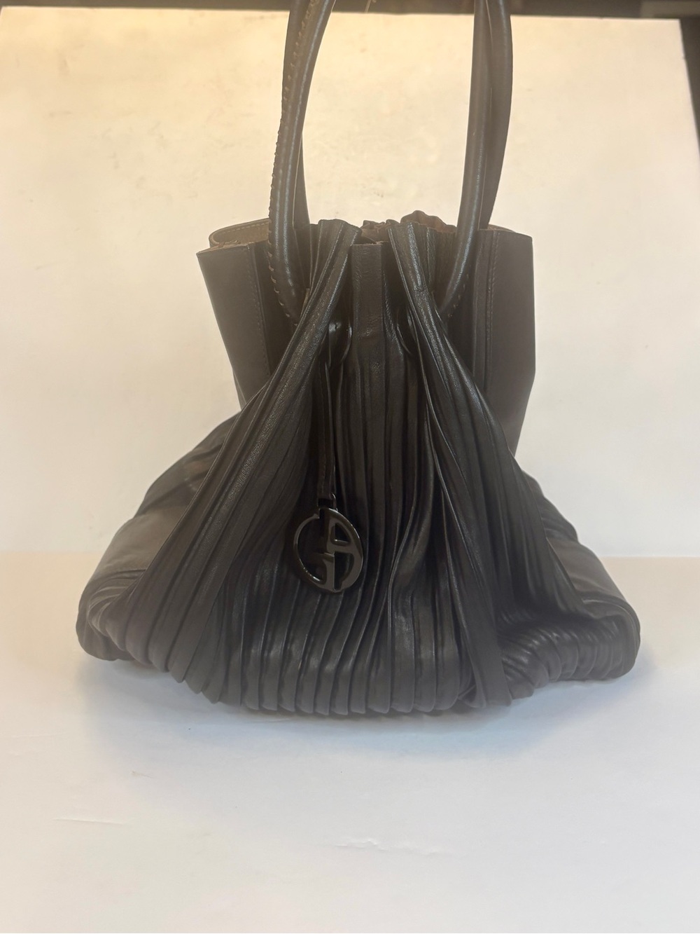 Giorgio Armani Espresso Pleated Leather Drawstring Bucket Bag